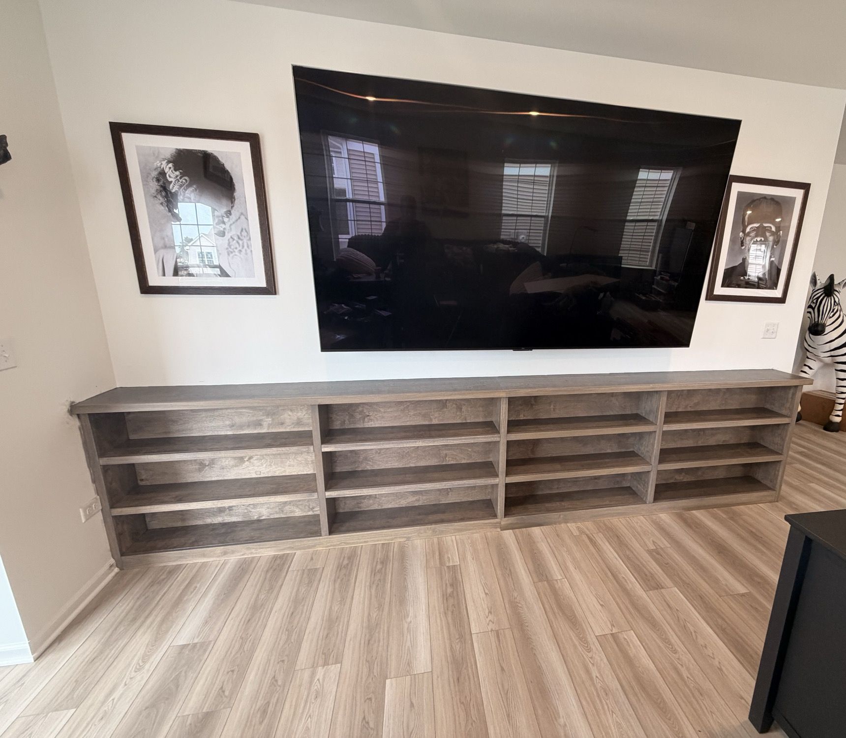 Built-in media wall and luxury vinyl plank floor, Plainfield